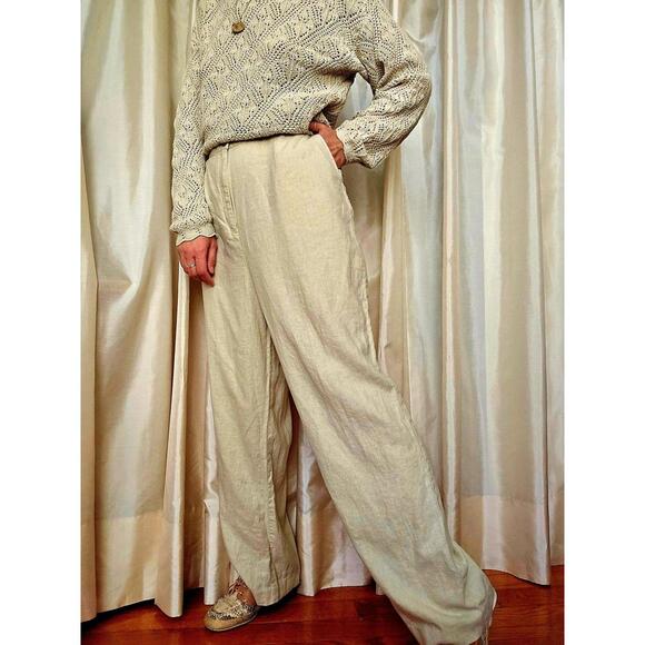 Leslie Fay Pants - Vintage Linen Blend High Waist Pants: Women's Beige Trousers XL